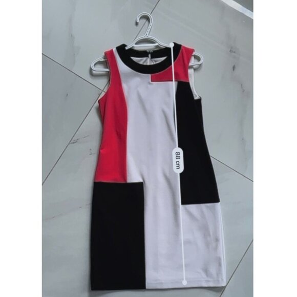 CALVIN KLEIN | Midi Dress | Size 4 | White Pink Black | Polyester Spandex Blend - Picture 13 of 14